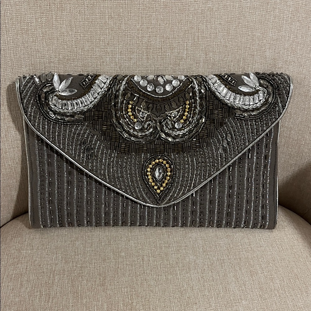 Francesca Embellished Beaded Gray Evening Clutch - Elegant Statement Bag
